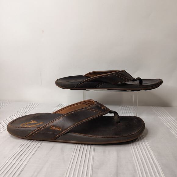 OluKai Leather Thong Flip Flop Sandals Men's Size 12 Brown - Picture 3 of 8
